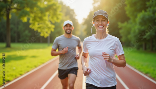 Two runners enjoying their workout on a sunny park track  