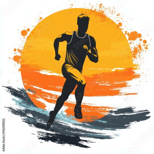 Runner sprinting towards a vibrant sunset over the ocean, showcasing determination and athleticism during evening exercise