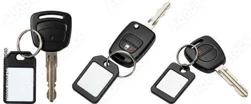 Car keys on a transparent background with blank key tags  