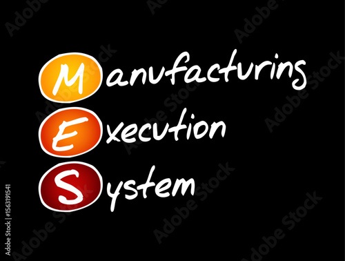MES Manufacturing Execution System - computerized systems used in manufacturing to track and document the transformation of raw materials to finished goods, acronym text concept background