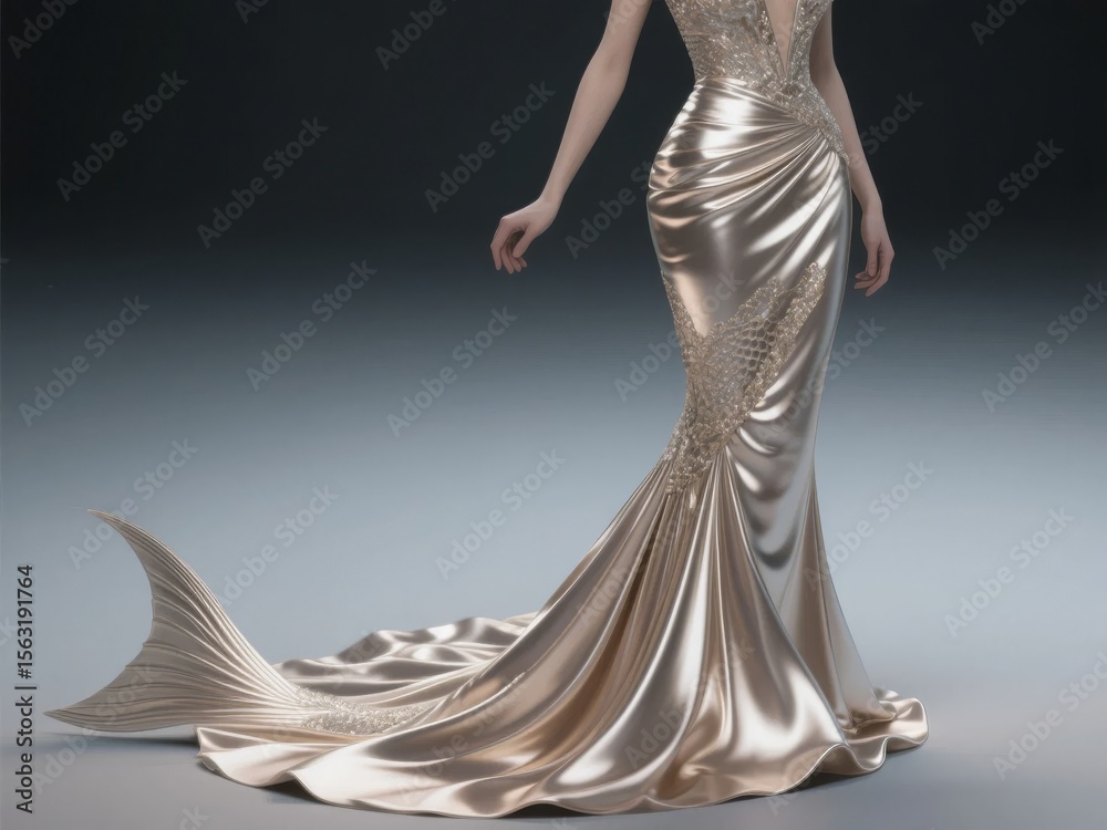 Fototapeta premium Elegant Mermaid-Style Gown with Intricate Embellishments and Flowing Train