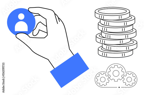 Hand holding user icon for selection, with coin stack and gear symbols representing resources, business growth, human resources, financial strategies, and workflow optimization. Ideal for recruiting