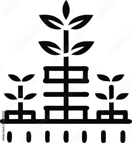 Black silhouette illustration of a layered structure with plant growth on a white background