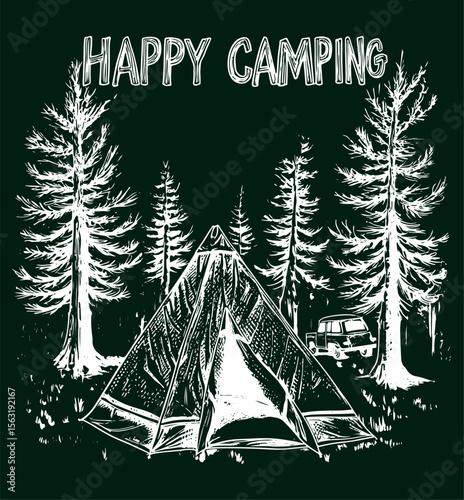 grunge vector sketch drawing of happy camping scene