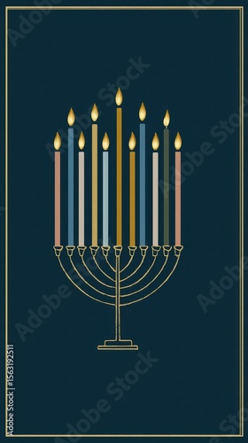 Minimalist Hanukkah greeting card design, an elegant gold menorah, surrounded by eight lit candles in shades of blue or navy, creating a visually striking contrast in dark background, mobile wallpaper