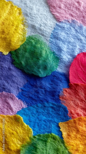 Colorful mottled paper texture, vibrant kaleidoscope splash, reminiscent of Holi festival hues and creative patchwork artistry