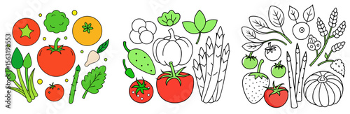 Tomatoes, Asparagus, and Green Beans Vegetables Coloring Book Page - Outline Vector Line Art