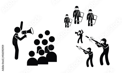 Student-People Uprising Day Man fighting, obstructing, and resisting police arrest. Pictogram depicts criminal threatening the law and order of justice by assaulting policeman. 