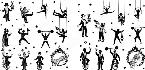 Circus performers silhouettes featuring clowns, magicians, acrobats, strongmen, and tiger illustrations