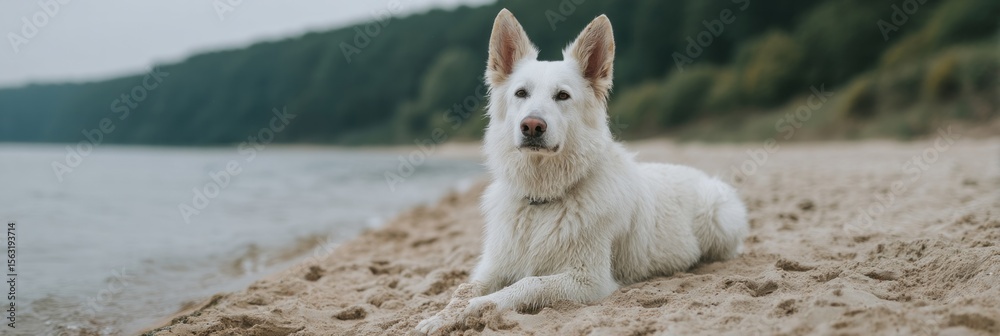 Fototapeta premium Majestic white shepherd rests on sandy shore, embodying serene solitude, evoking tales of Canine Solstice and Beach Days