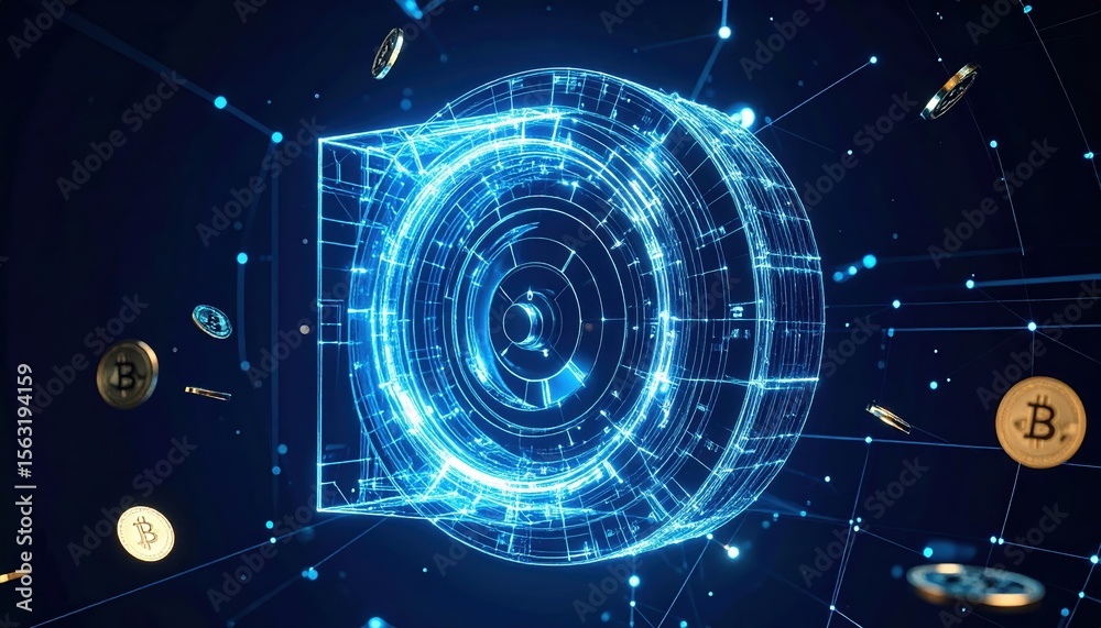 Obraz premium Futuristic digital blockchain cryptocurrency concept with glowing digital coin icons and interconnected network lines on dark background
