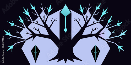 Black Tree Silhouettes Surrounding Glowing Crystal