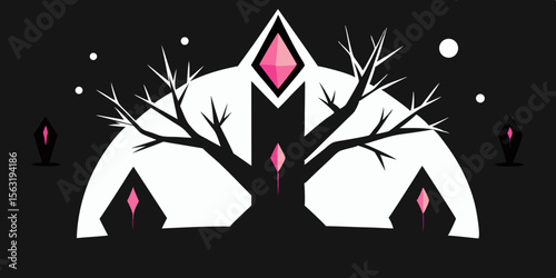 Black Tree Silhouettes Surrounding Glowing Crystal