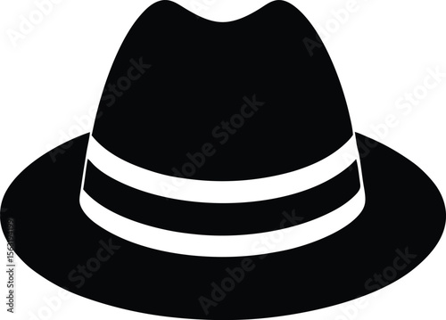 A black fedora hat with two white stripes on the band a simple illustration