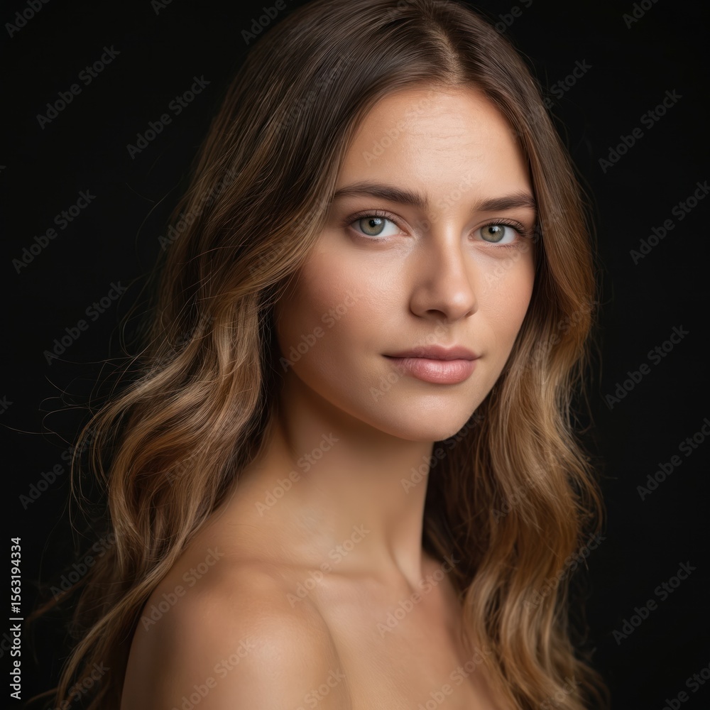 Obraz premium Elegant portrait of young woman with long wavy hair. Beauty, natural skin, green eyes. Dark background. Confident gaze, subtle smile. Classic look, female model. Natural beauty concept. Ideal for