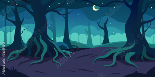 Cartoon Night Forest With Tangled Roots And Fog