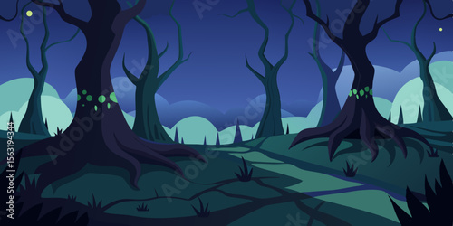 Cartoon Night Forest With Tangled Roots And Fog