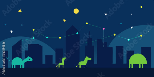 Cartoon Skyline With Glowing Constellations Of Animals
