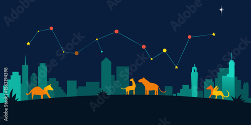 Cartoon Skyline With Glowing Constellations Of Animals