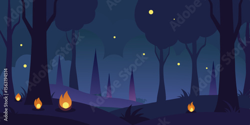 Night Forest With Small Candles Floating Above The Ground