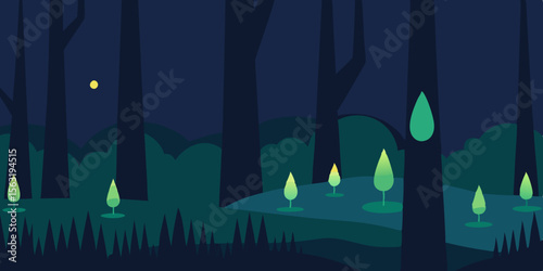 Night Forest With Small Candles Floating Above The Ground