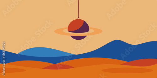 Ringed Planet Hanging Low Over Cartoon Desert