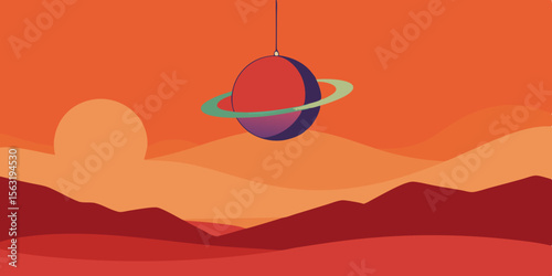 Ringed Planet Hanging Low Over Cartoon Desert