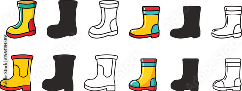 Colorful boots illustrations in different styles black silhouette, outline and filled versions