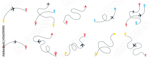 Set of airplane dashed line path with start point and dashed line trail. Isolated on white background, airplane route around the world, dashed arrow vector