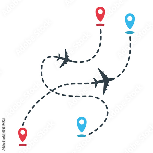 Airplane dashed line path with start point and dashed line trail. Isolated on white background, airplane route around the world, dashed arrow vector