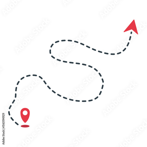 Airplane dashed line path with start point and dashed line trail. Isolated on white background, airplane route around the world, dashed arrow vector