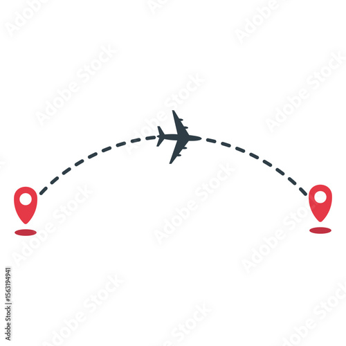 Airplane dashed line path with start point and dashed line trail. Isolated on white background, airplane route around the world, dashed arrow vector