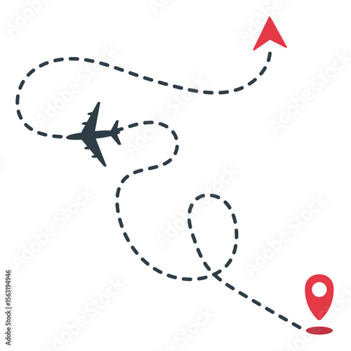 Airplane dashed line path with start point and dashed line trail. Isolated on white background, airplane route around the world, dashed arrow vector