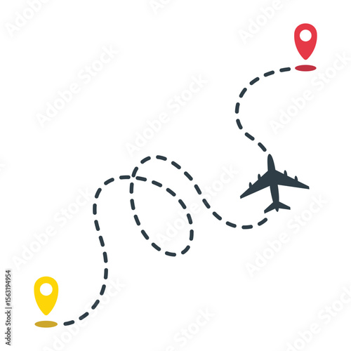 Airplane dashed line path with start point and dashed line trail. Isolated on white background, airplane route around the world, dashed arrow vector