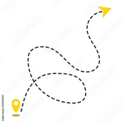 Airplane dashed line path with start point and dashed line trail. Isolated on white background, airplane route around the world, dashed arrow vector