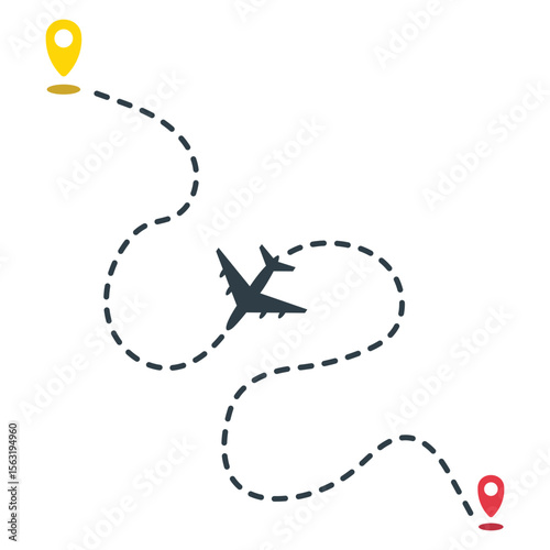 Airplane dashed line path with start point and dashed line trail. Isolated on white background, airplane route around the world, dashed arrow vector