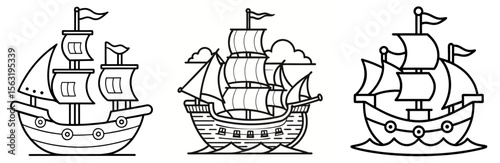 Vintage Pirate Ship Coloring Book Page - Outline Vector Line Art