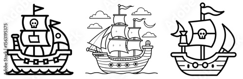 Vintage Pirate Ship Coloring Book Page - Outline Vector Line Art