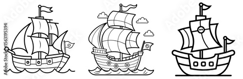 Vintage Pirate Ship Coloring Book Page - Outline Vector Line Art