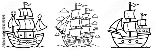 Vintage Pirate Ship Coloring Book Page - Outline Vector Line Art