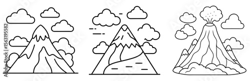 Volcano Mountains with Clouds Coloring Book Page - Outline Vector Line Art