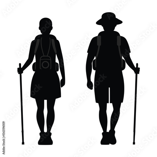 Silhouette of Hikers with Backpacks and Poles Adventure Bound People Outdoors Exercise Healthy Lifestyle Trekking through Nature Backcountry Exploring