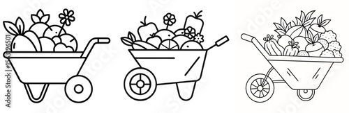 Wheelbarrow with Flowers Coloring Book Page - Outline Vector Line Art