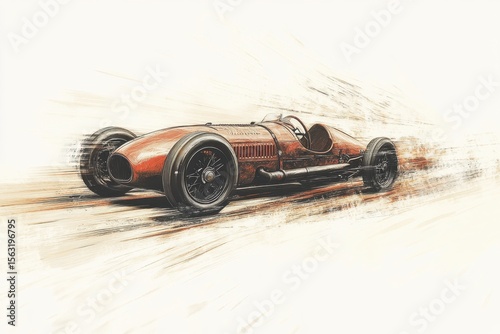 Classic racing car in motion on a blurred racetrack during a sunny day, showcasing vintage design and breathtaking speed