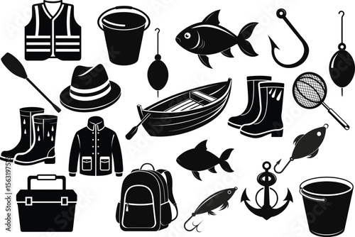 Fishing equipment's including boat, fish, hooks, buckets, boots and clothing
