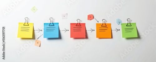 Colorful sticky notes attached to whiteboard illustrate workflow concept with arrows. Organisation planning sequence, process, structure. Creative idea brainstorming teamwork for business project