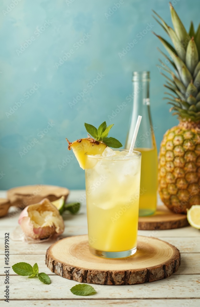 Fototapeta premium Fresh pineapple cocktail in glass with ice, mint. Summer cold drink. Tropical fruit juice, beverage. Yellow, refreshing. Natural raw diet. Tasty nourishment, smoothie. Exotic ripe lemon leaf. Vitamin