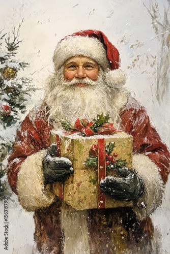 Santa Claus delivers gifts during a snowy Christmas season while wearing a festive red suit and hat, with a charming smile next to a decorated tree