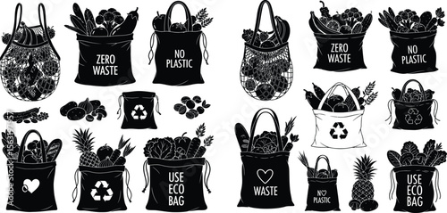 Eco bags and reusable shoppers filled with fresh produce illustration for sustainable lifestyle
