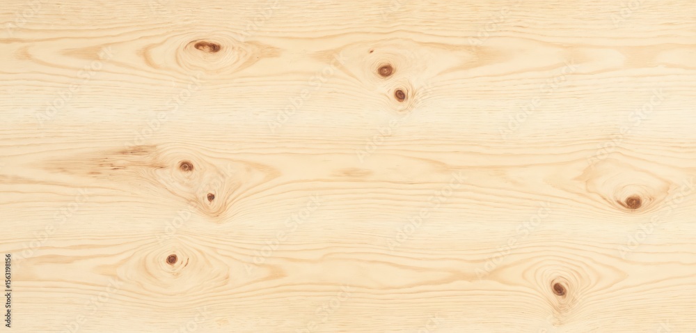 Fototapeta premium Top view of light wood plank with knots. Rustic white painted table surface. Wooden board material texture. Background for food photography, product presentation. Abstract design. Neutral backdrop.